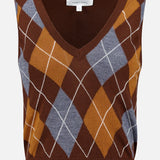 The Gabriel Argyle Knit Vest by RONNY KOBO features a sleeveless wool-cashmere design with a brown, mustard yellow, and blue argyle pattern and a V-neckline, displayed on a plain white background.