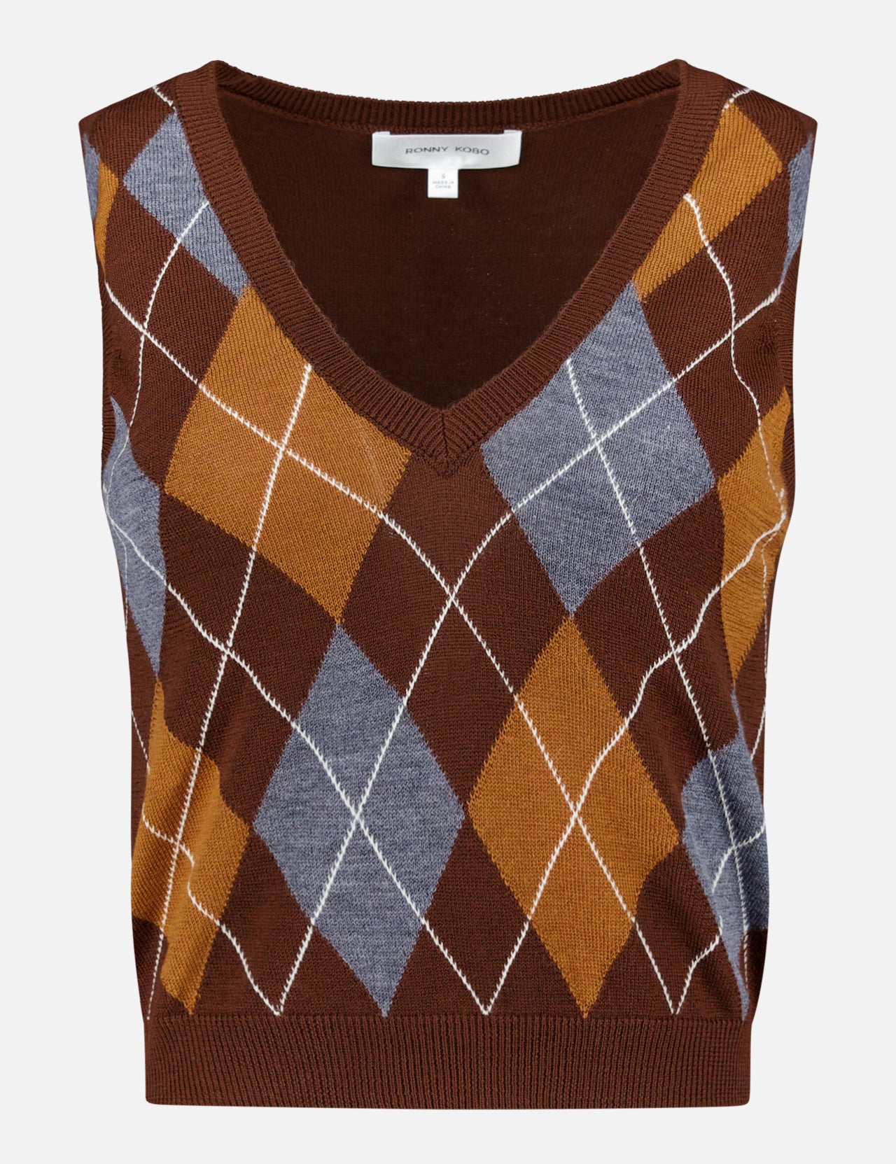 The Gabriel Argyle Knit Vest by RONNY KOBO features a sleeveless wool-cashmere design with a brown, mustard yellow, and blue argyle pattern and a V-neckline, displayed on a plain white background.