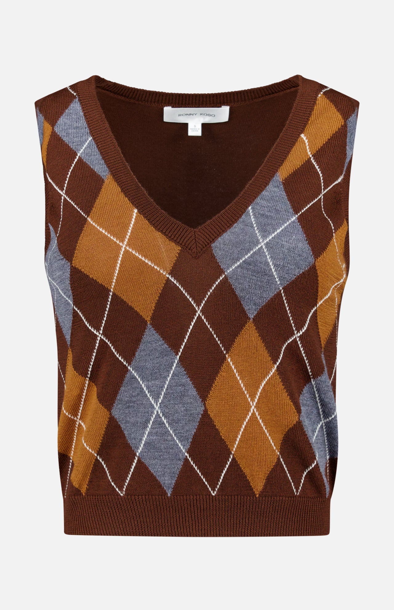 The Gabriel Argyle Knit Vest by RONNY KOBO features a sleeveless wool-cashmere design with a brown, mustard yellow, and blue argyle pattern and a V-neckline, displayed on a plain white background.
