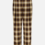 The Hayes Plaid Straight Leg Pant by RONNY KOBO features a brown, yellow, and cream plaid pattern with a high-rise waist and straight-leg silhouette. Designed with pleats at the waistband, plus a button and zipper closure, these tailored pants have a slightly shiny finish for a polished, stylish look.
