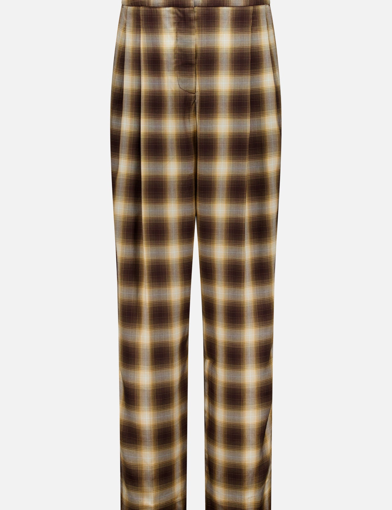 The Hayes Plaid Straight Leg Pant by RONNY KOBO features a brown, yellow, and cream plaid pattern with a high-rise waist and straight-leg silhouette. Designed with pleats at the waistband, plus a button and zipper closure, these tailored pants have a slightly shiny finish for a polished, stylish look.