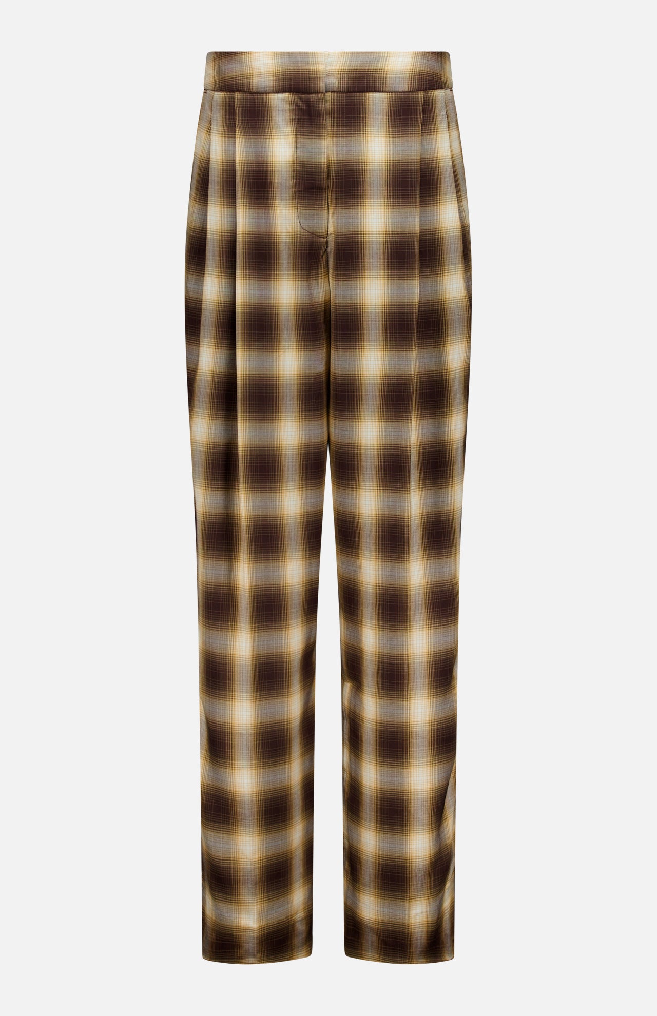 The Hayes Plaid Straight Leg Pant by RONNY KOBO features a brown, yellow, and cream plaid pattern with a high-rise waist and straight-leg silhouette. Designed with pleats at the waistband, plus a button and zipper closure, these tailored pants have a slightly shiny finish for a polished, stylish look.