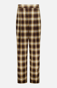 The Hayes Plaid Straight Leg Pant by RONNY KOBO features a brown, yellow, and cream plaid pattern with a high-rise waist and straight-leg silhouette. Designed with pleats at the waistband, plus a button and zipper closure, these tailored pants have a slightly shiny finish for a polished, stylish look.