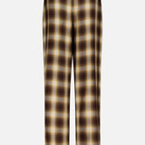 The Hayes Plaid Straight Leg Pant by RONNY KOBO showcases a brown plaid pattern with a timeless straight-leg silhouette and a high-rise waist, complete with two side pockets, presented against a plain white background.