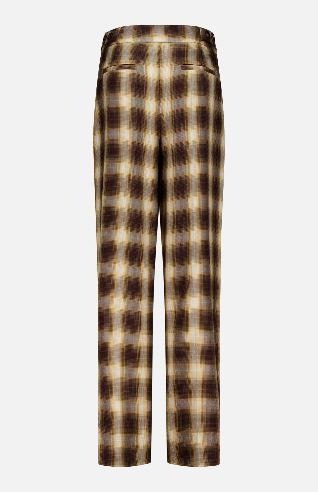 The Hayes Plaid Straight Leg Pant by RONNY KOBO showcases a brown plaid pattern with a timeless straight-leg silhouette and a high-rise waist, complete with two side pockets, presented against a plain white background.