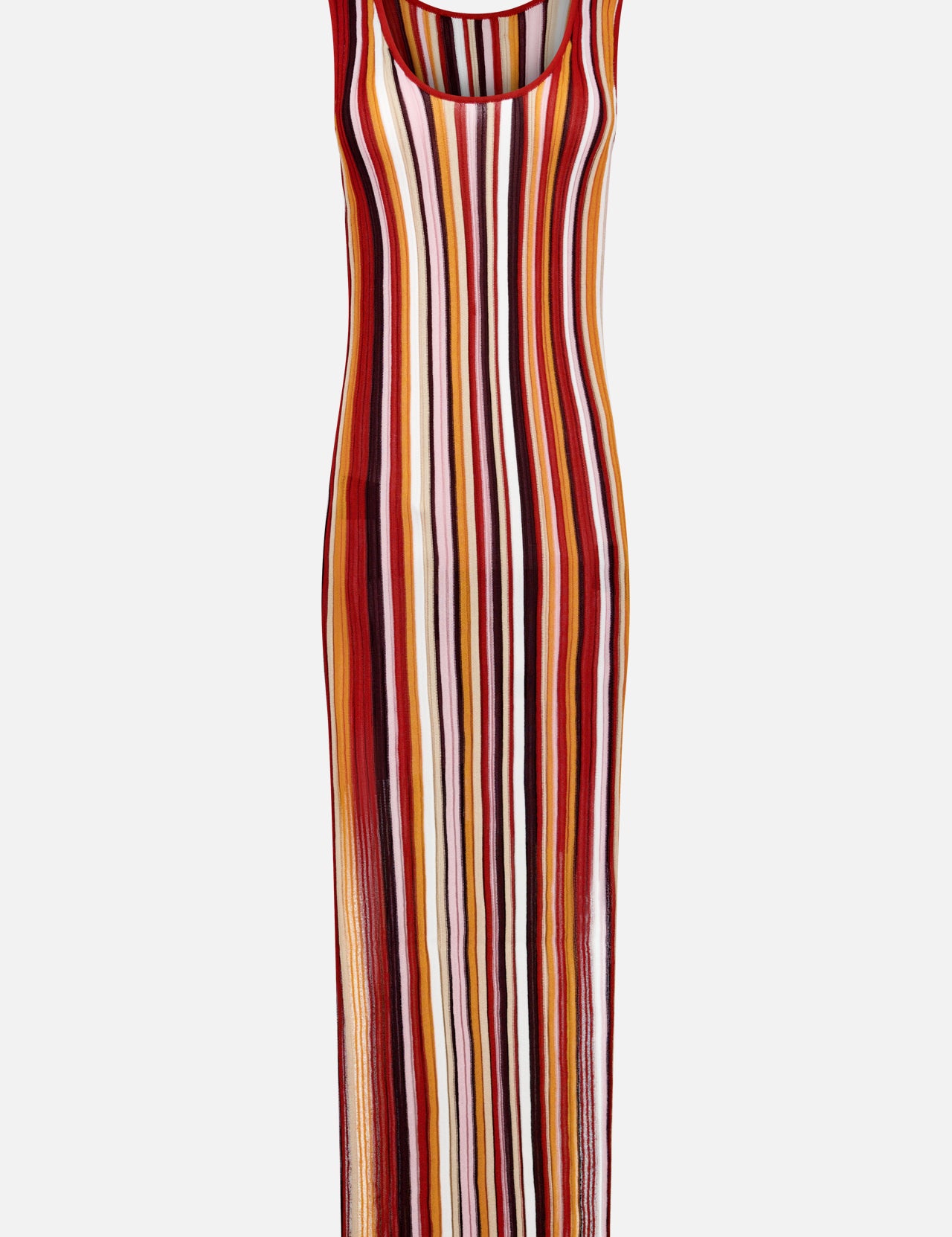 The Kerry Knit Midi Dress by RONNY KOBO is a sleeveless, form-fitting knit dress with a round neckline and ankle-length hem. It features vertical sunset-hued stripes—red, orange, yellow, white, and brown—on a white background.