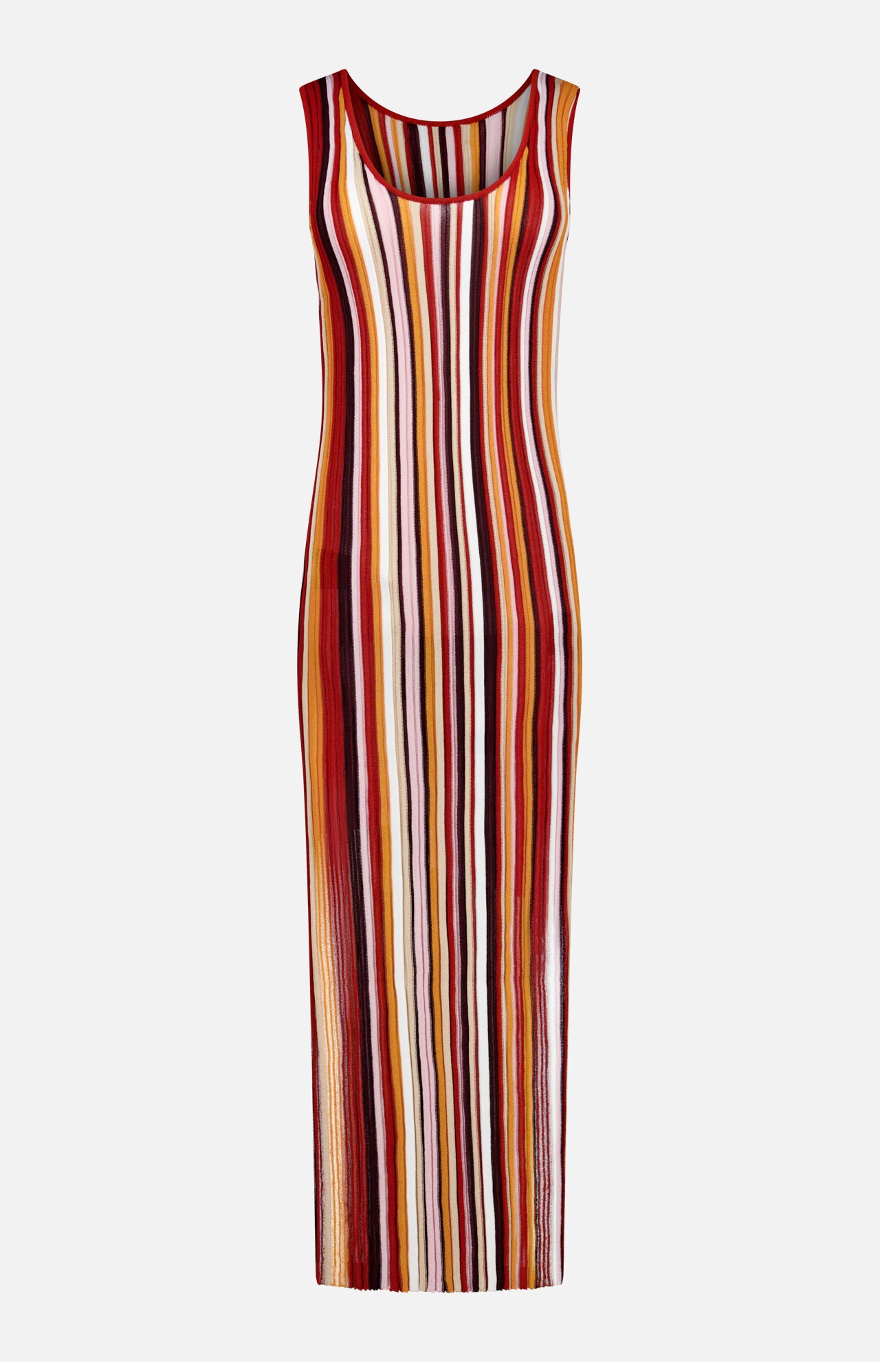 The Kerry Knit Midi Dress by RONNY KOBO is a sleeveless, form-fitting knit dress with a round neckline and ankle-length hem. It features vertical sunset-hued stripes—red, orange, yellow, white, and brown—on a white background.