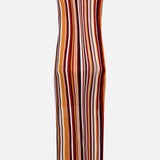 The RONNY KOBO Kerry Knit Midi Dress features a sleeveless, ankle-length fitted silhouette with vertical stripes in sunset hues of red, yellow, orange, black, and white, shown on a plain white background.
