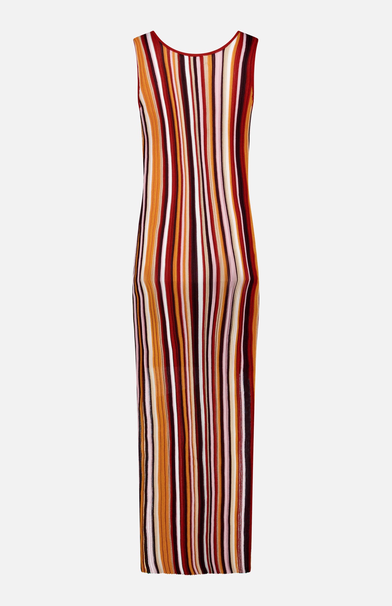 The RONNY KOBO Kerry Knit Midi Dress features a sleeveless, ankle-length fitted silhouette with vertical stripes in sunset hues of red, yellow, orange, black, and white, shown on a plain white background.