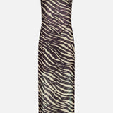 The Krisa Zebra Column Dress by RONNY KOBO is a sleeveless, form-fitting dress featuring a sheer zebra print pattern in black and light beige tones, displayed on a plain white background.