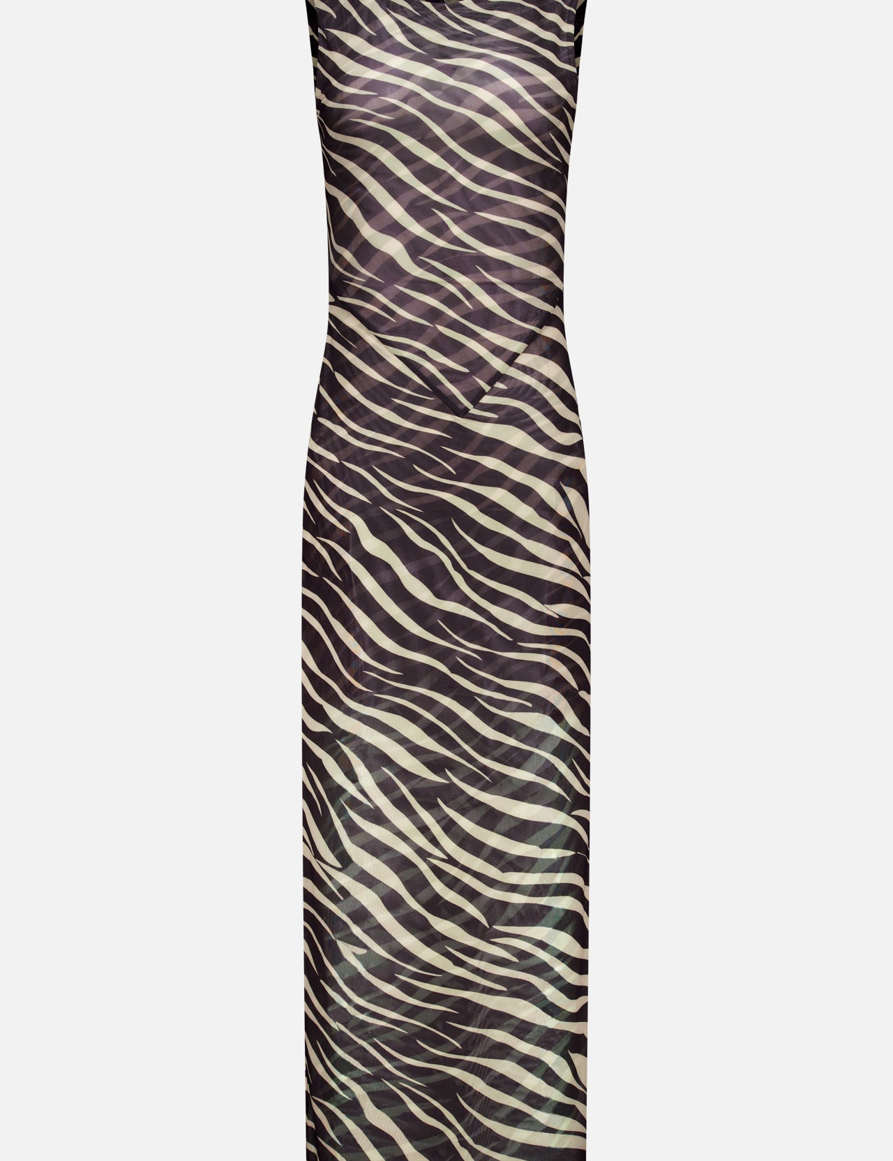 The Krisa Zebra Column Dress by RONNY KOBO is a sleeveless, form-fitting dress featuring a sheer zebra print pattern in black and light beige tones, displayed on a plain white background.