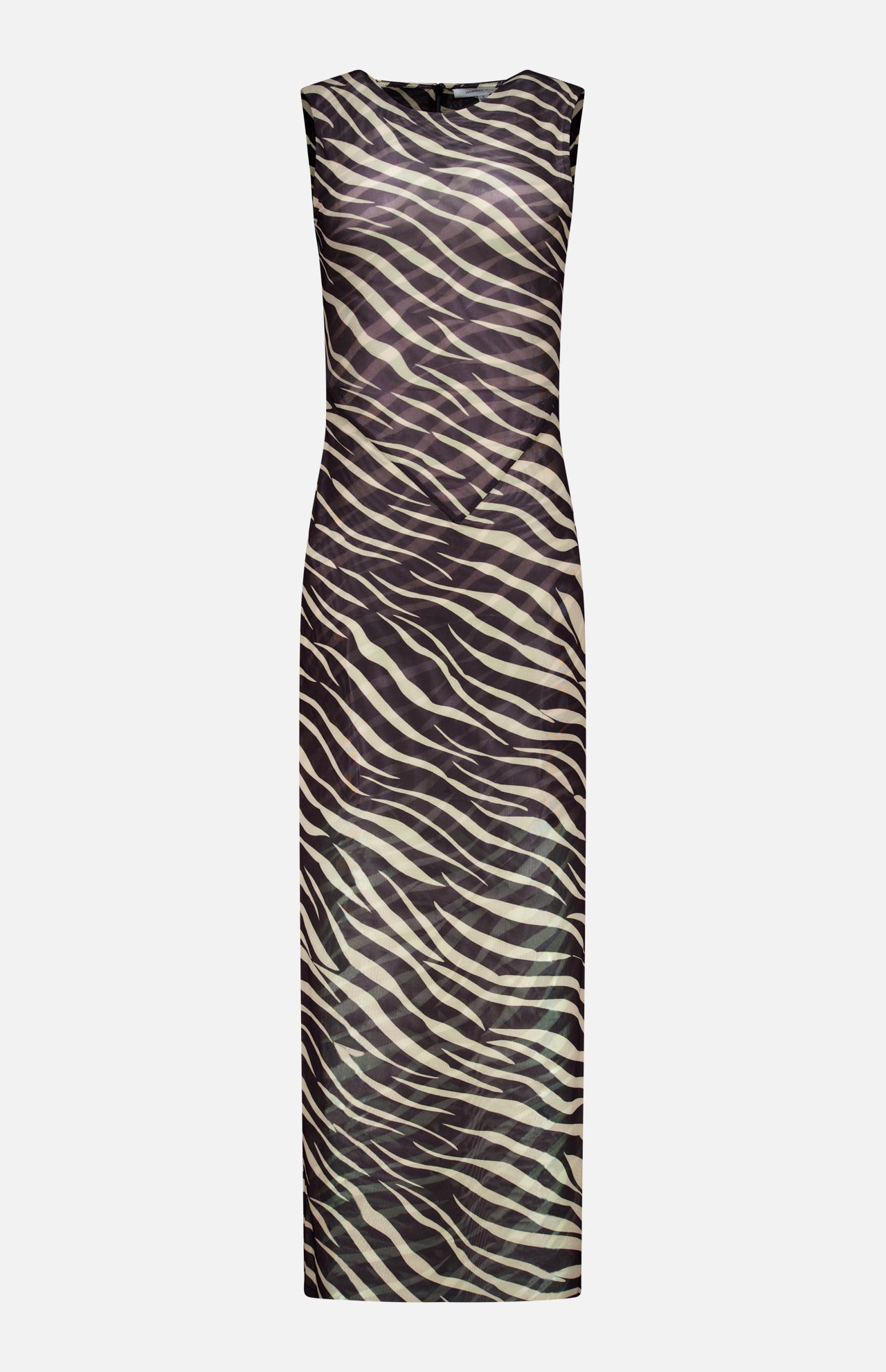 The Krisa Zebra Column Dress by RONNY KOBO is a sleeveless, form-fitting dress featuring a sheer zebra print pattern in black and light beige tones, displayed on a plain white background.