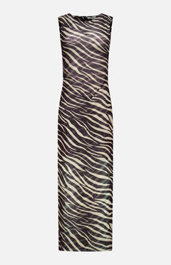 The Krisa Zebra Column Dress by RONNY KOBO is a sleeveless, form-fitting dress featuring a sheer zebra print pattern in black and light beige tones, displayed on a plain white background.
