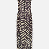 The Krisa Zebra Column Dress by RONNY KOBO is a sleeveless, ankle-length maxi dress featuring a black and beige zebra print pattern. Seen from the back against a plain white background, the dress showcases a straight silhouette with no visible embellishments.
