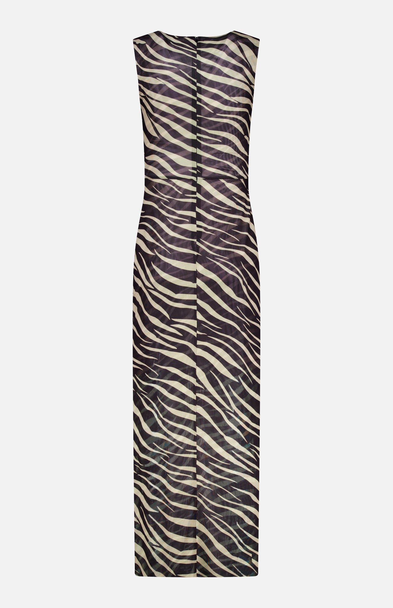 The Krisa Zebra Column Dress by RONNY KOBO is a sleeveless, ankle-length maxi dress featuring a black and beige zebra print pattern. Seen from the back against a plain white background, the dress showcases a straight silhouette with no visible embellishments.
