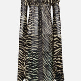 The Kyle Zebra Print Maxi Top by RONNY KOBO features a sheer zebra-print design with long, flowing bell sleeves, a V-neckline, ruffle details, and a loose, lightweight fit—delivering a bold animal print look inspired by the classic zebra stripe maxi top style.