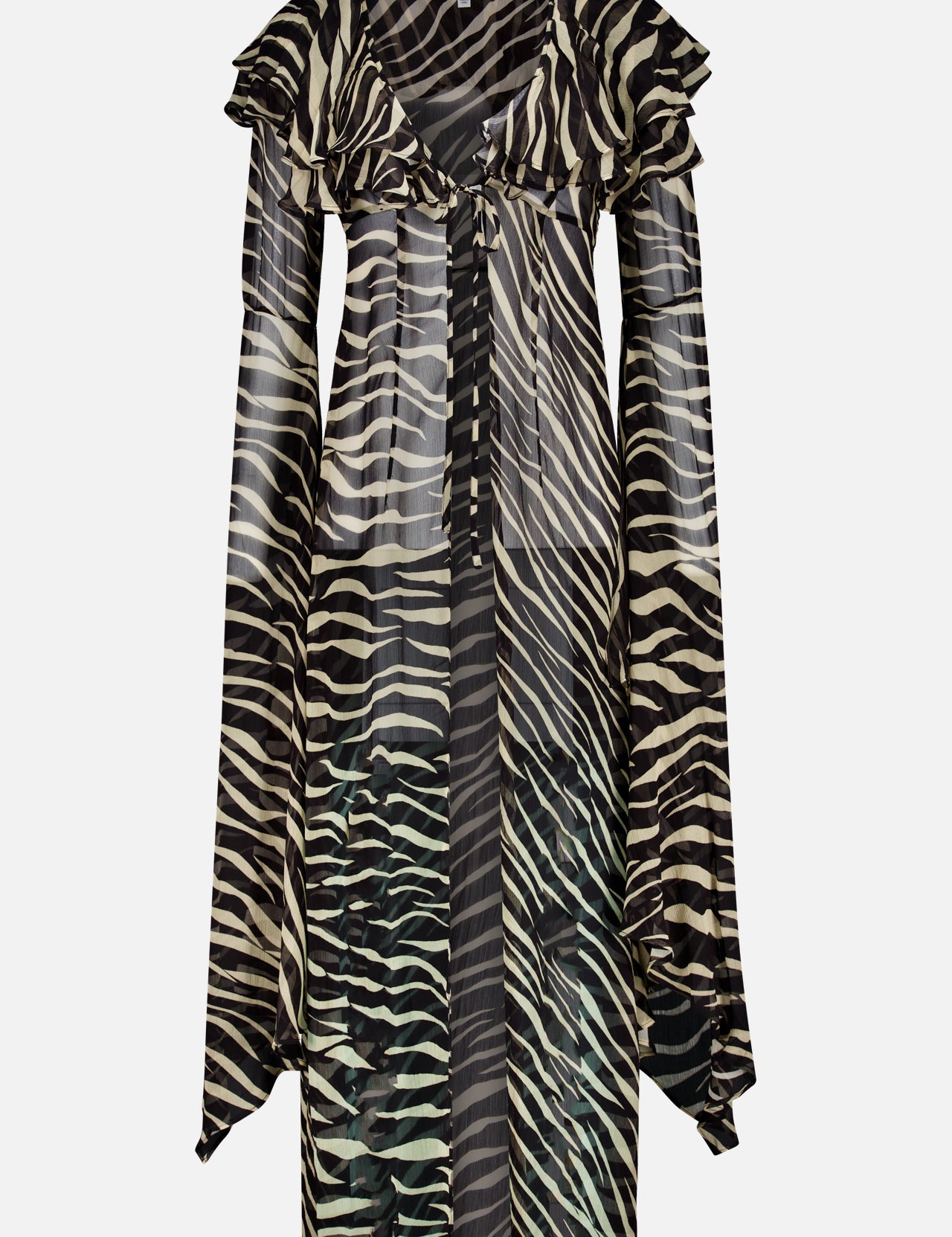 The Kyle Zebra Print Maxi Top by RONNY KOBO features a sheer zebra-print design with long, flowing bell sleeves, a V-neckline, ruffle details, and a loose, lightweight fit—delivering a bold animal print look inspired by the classic zebra stripe maxi top style.