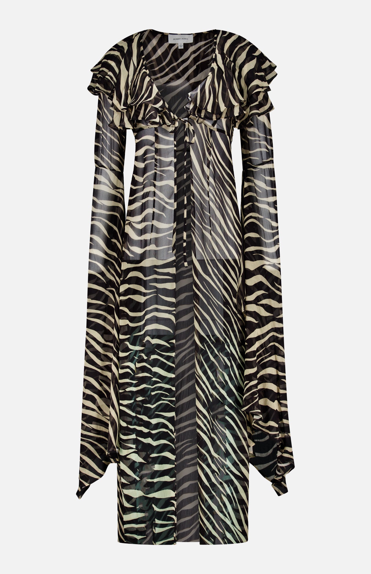 The Kyle Zebra Print Maxi Top by RONNY KOBO features a sheer zebra-print design with long, flowing bell sleeves, a V-neckline, ruffle details, and a loose, lightweight fit—delivering a bold animal print look inspired by the classic zebra stripe maxi top style.