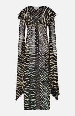 The Kyle Zebra Print Maxi Top by RONNY KOBO features a sheer zebra-print design with long, flowing bell sleeves, a V-neckline, ruffle details, and a loose, lightweight fit—delivering a bold animal print look inspired by the classic zebra stripe maxi top style.