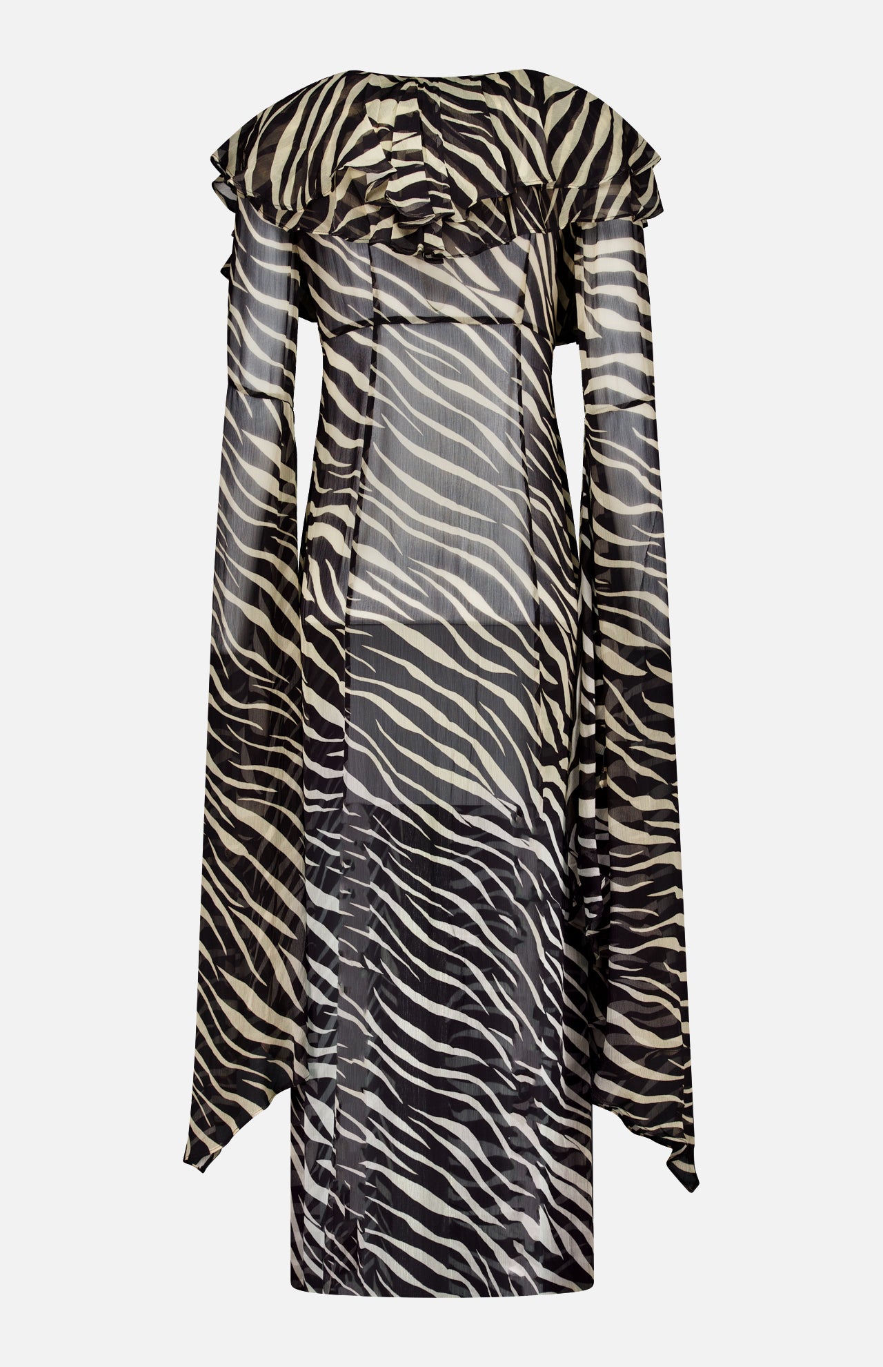 The RONNY KOBO Kyle Zebra Print Maxi Top features a long-sleeve sheer silhouette with a black and beige zebra print pattern, ruffled neckline, and dramatic bell sleeves, channeling the elegance of classic animal-inspired design.