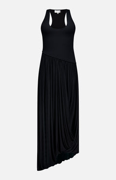 The Meyer Draped Hemline Dress by RONNY KOBO is a minimalist black dress with a sleeveless fitted bodice, racerback, and asymmetrical draped skirt. Shown on a plain white background for an elegant, flowy look.