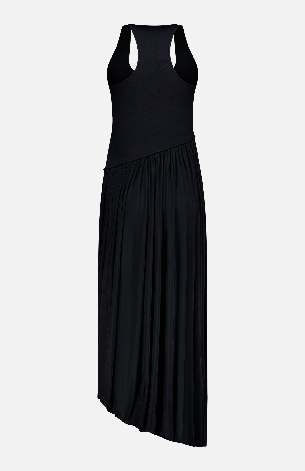 The Meyer Draped Hemline Dress by RONNY KOBO is a sleeveless black dress featuring a fitted racerback top and an asymmetrical pleated skirt with a high-low hem, set against a plain light backdrop.