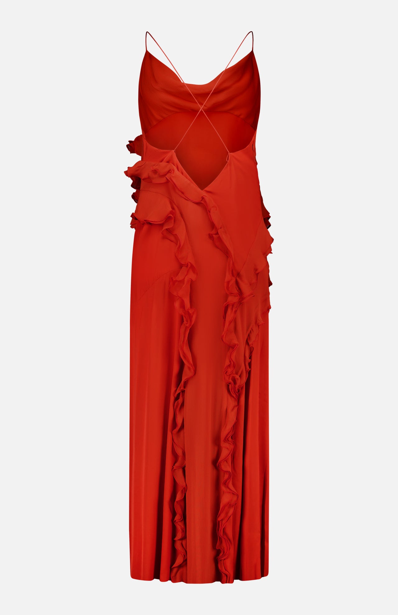 The Milena Draping Maxi Dress by RONNY KOBO is a sleeveless, bright red dress featuring thin spaghetti straps, a deep neckline, and cascading ruffle details along the front and sides. Crafted from a lightweight, silky fabric that drapes fluidly, it also boasts a fitted upper bodice for an elegant silhouette.