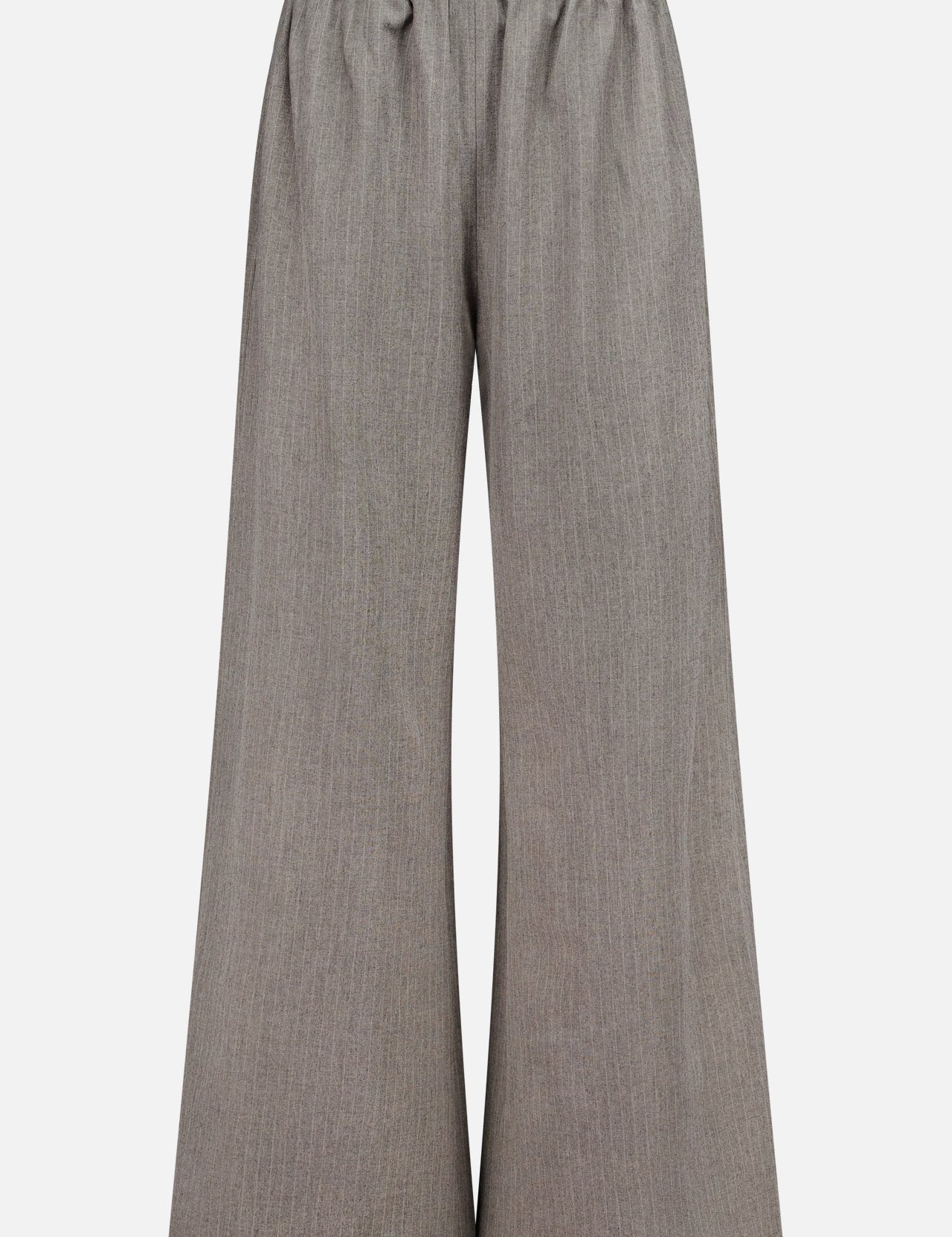 The Moni Stripe Pull-on Pant by RONNY KOBO features a wide-leg silhouette and an elasticized waistline, crafted from a lightweight, textured fabric in grey. These loose-fitting pants fall straight to the floor and are shown against a plain white background.