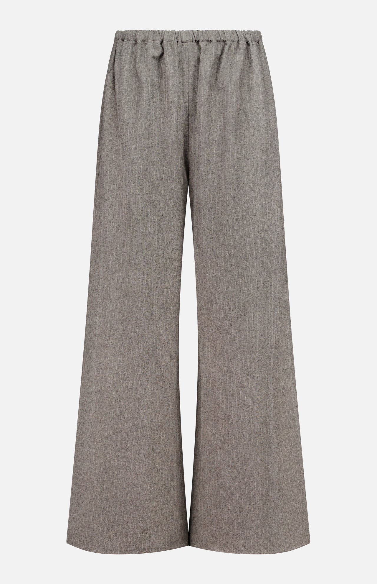 The Moni Stripe Pull-on Pant by RONNY KOBO features a wide-leg silhouette and an elasticized waistline, crafted from a lightweight, textured fabric in grey. These loose-fitting pants fall straight to the floor and are shown against a plain white background.