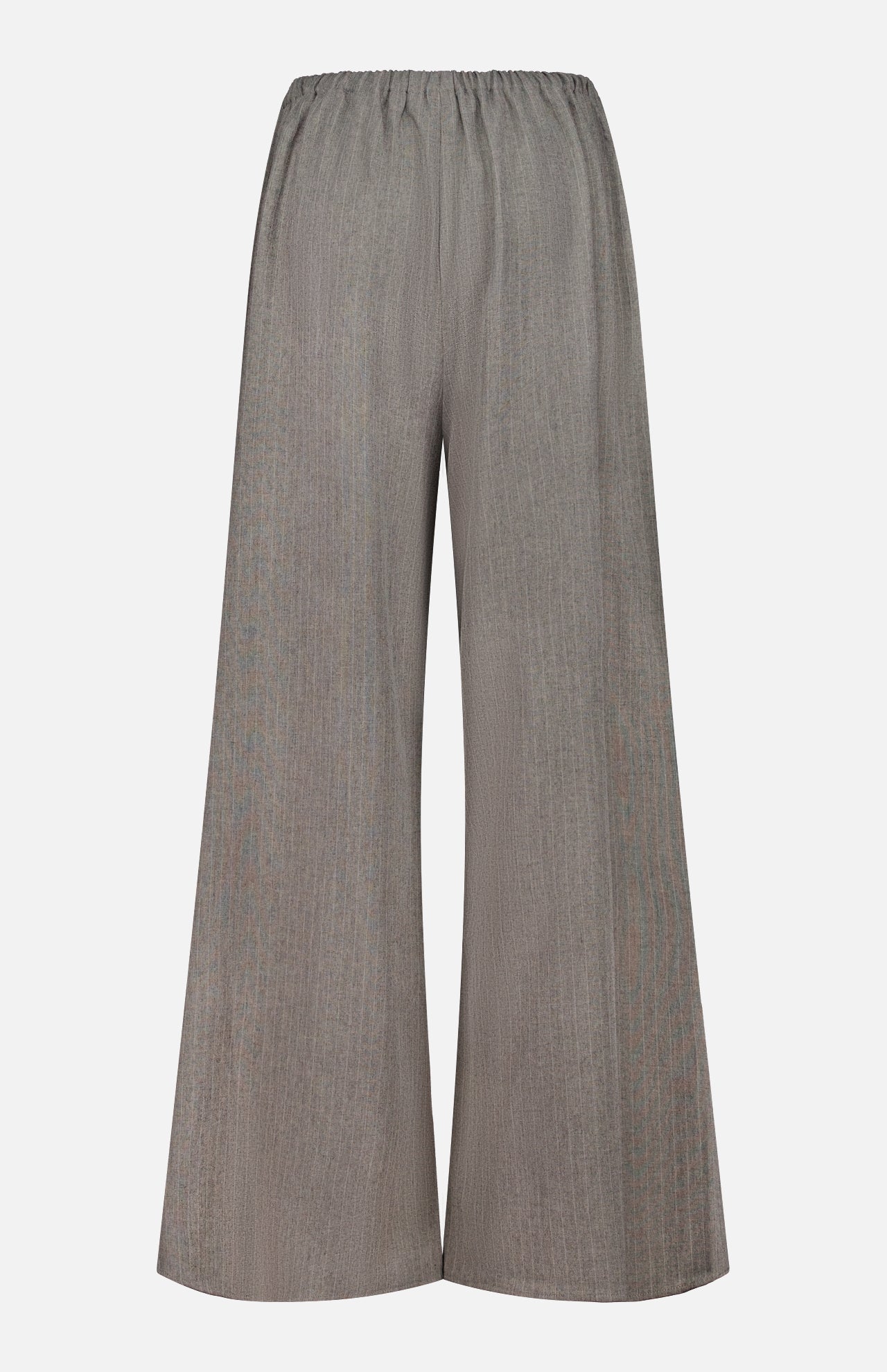 The Moni Stripe Pull-on Pant by RONNY KOBO features a wide-leg silhouette with gray stripes and an elasticized waistline, crafted from lightweight fabric and showcased against a plain white background.