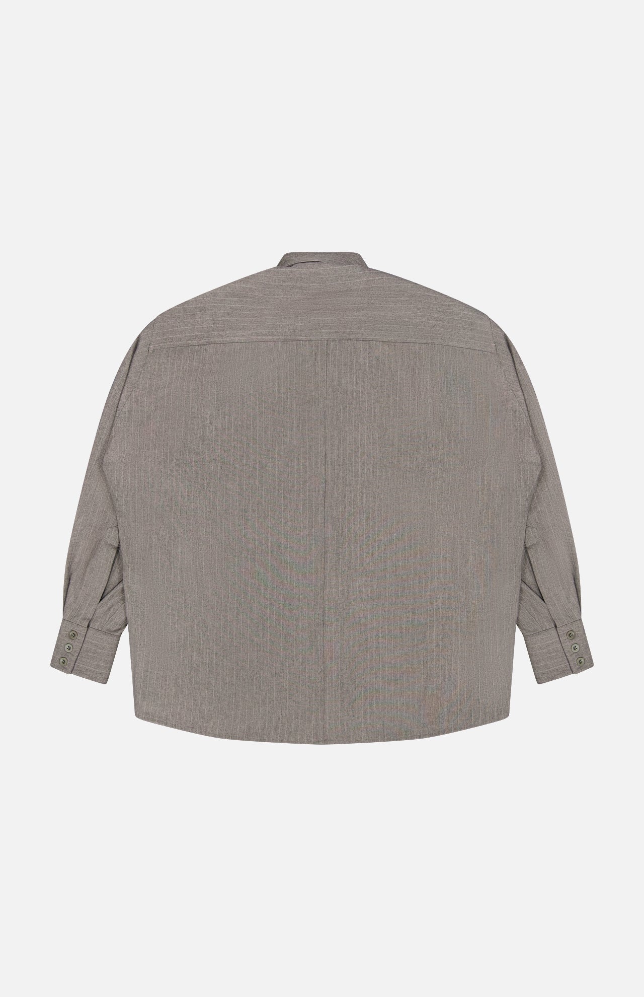 The Niall Stripe Pocket Top by RONNY KOBO is displayed from the back, featuring long sleeves with buttoned cuffs, a straight hem, and a slightly loose, boxy fit. Crafted from subtly textured fabric in grey stripes, this blouse is perfect for versatile workwear. The shirt is laid flat against a white background.