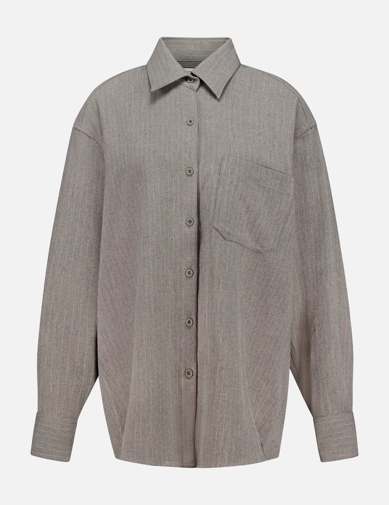 The Niall Stripe Pocket Top by RONNY KOBO is a versatile workwear essential featuring subtle vertical stripes, a collar, long sleeves, and a front left chest pocket. This striped button-down shirt is displayed against a plain white background.