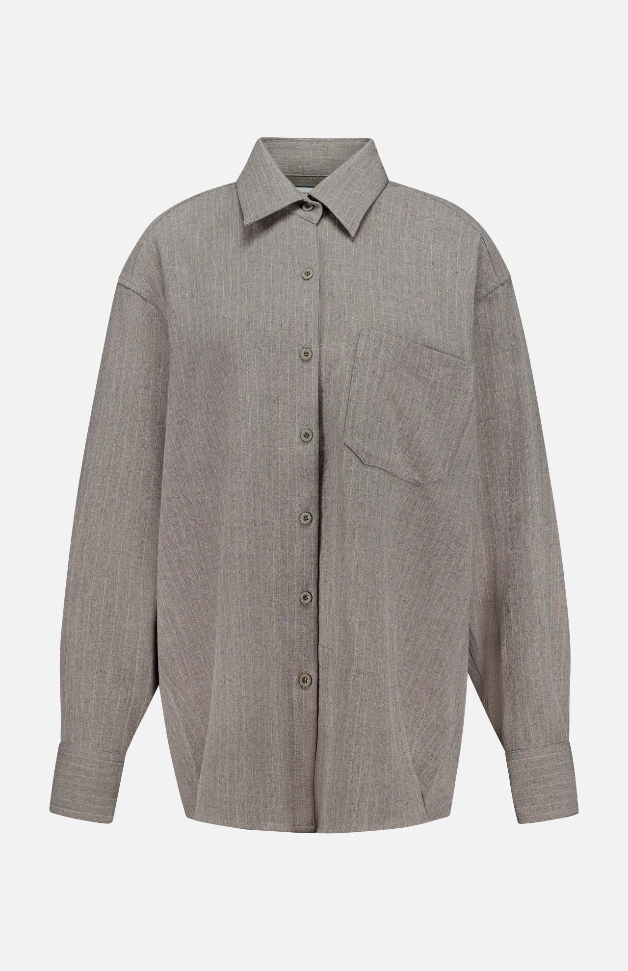 The Niall Stripe Pocket Top by RONNY KOBO is a versatile workwear essential featuring subtle vertical stripes, a collar, long sleeves, and a front left chest pocket. This striped button-down shirt is displayed against a plain white background.