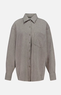 The Niall Stripe Pocket Top by RONNY KOBO is a versatile workwear essential featuring subtle vertical stripes, a collar, long sleeves, and a front left chest pocket. This striped button-down shirt is displayed against a plain white background.