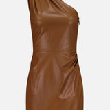 The Pelle Faux Leather Mini Dress by RONNY KOBO is a dark brown one-shoulder mini dress, crafted from faux leather with a single asymmetrical strap, gentle draping at the waist and shoulder, and a chic fitted silhouette. It is photographed against a plain white background.