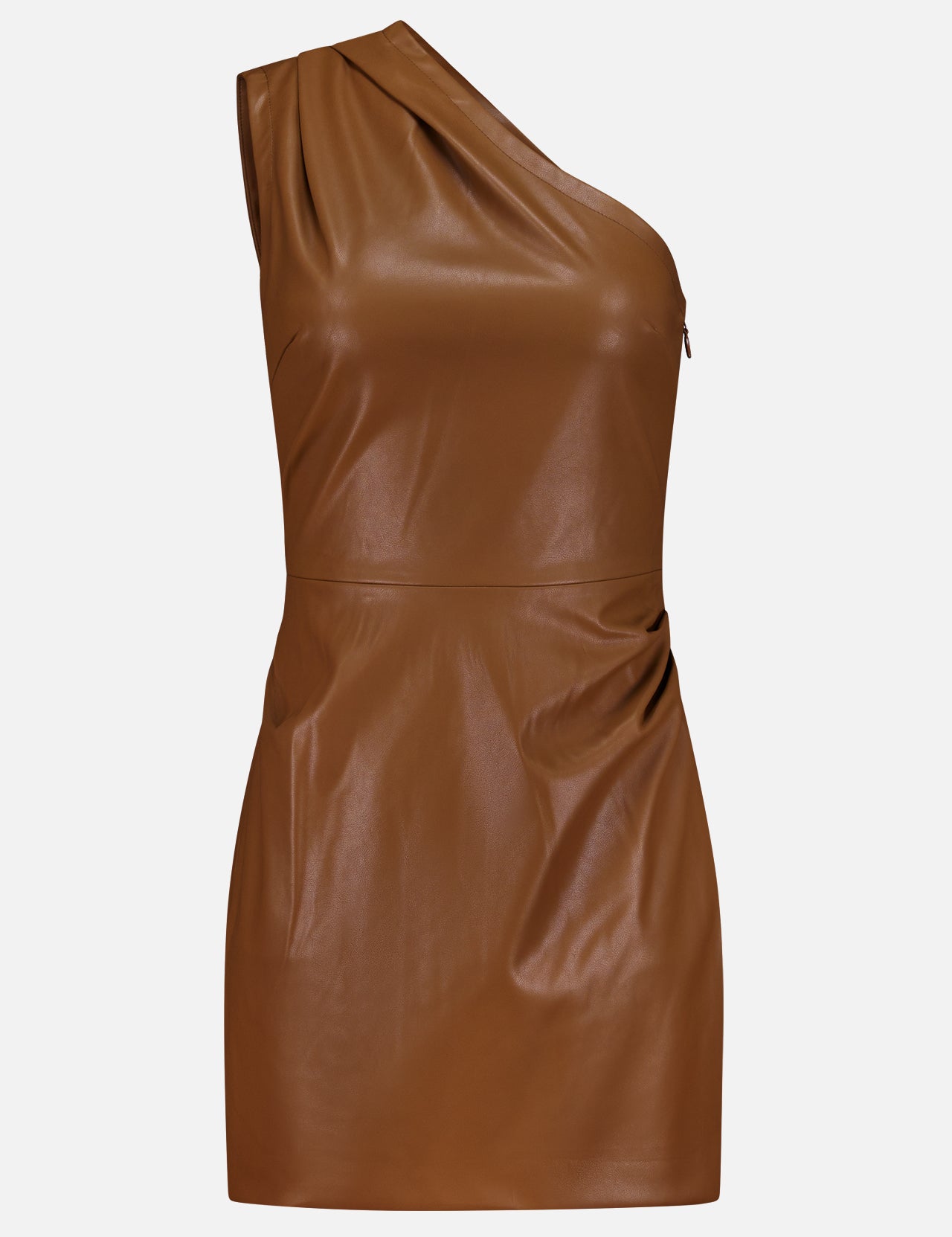 The Pelle Faux Leather Mini Dress by RONNY KOBO is a dark brown one-shoulder mini dress, crafted from faux leather with a single asymmetrical strap, gentle draping at the waist and shoulder, and a chic fitted silhouette. It is photographed against a plain white background.