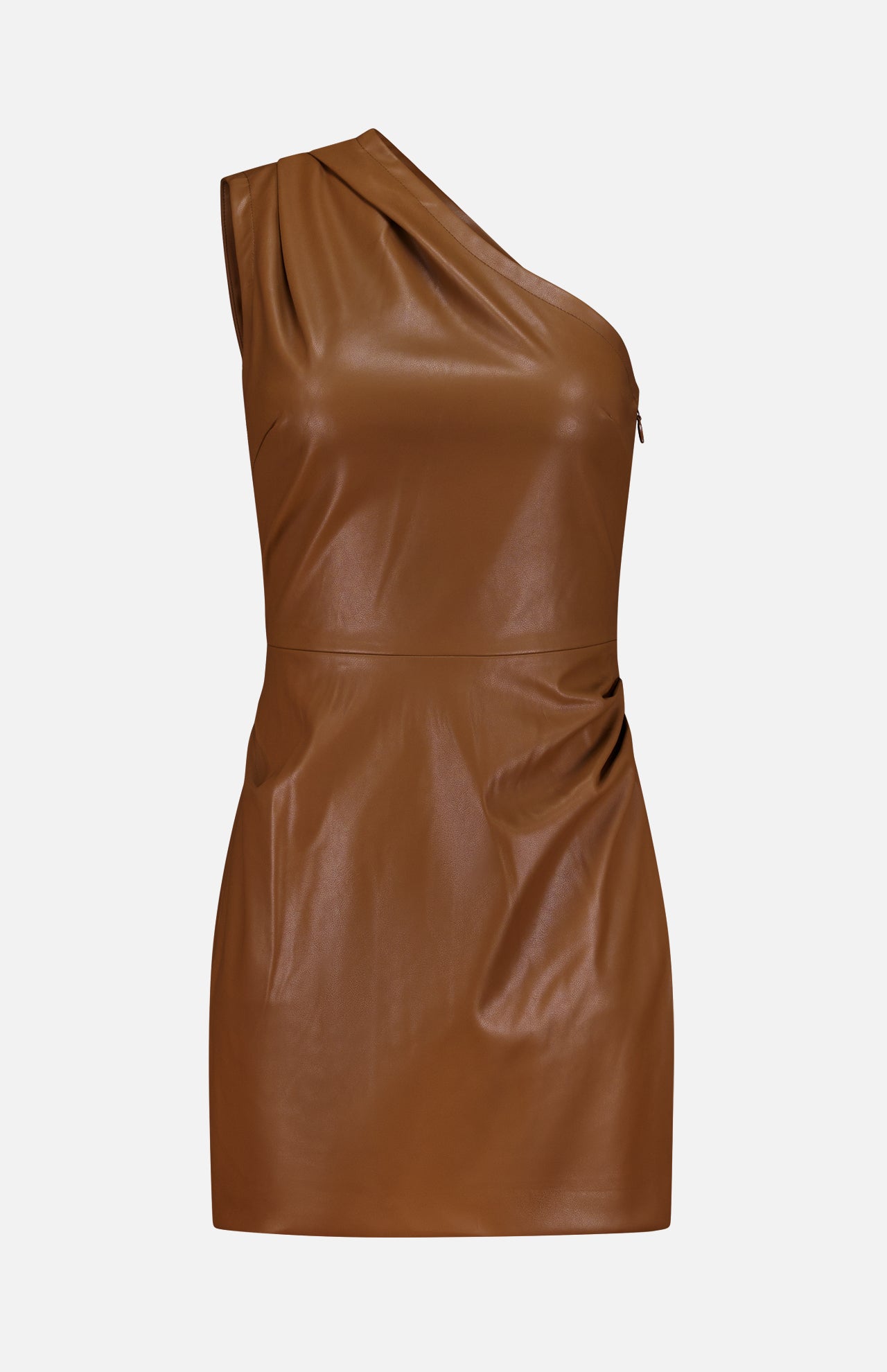 The Pelle Faux Leather Mini Dress by RONNY KOBO is a dark brown one-shoulder mini dress, crafted from faux leather with a single asymmetrical strap, gentle draping at the waist and shoulder, and a chic fitted silhouette. It is photographed against a plain white background.
