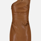 The Pelle Faux Leather Mini Dress by RONNY KOBO is a dark brown, one-shoulder mini dress crafted from glossy faux leather, featuring a fitted silhouette and side dart detailing.
