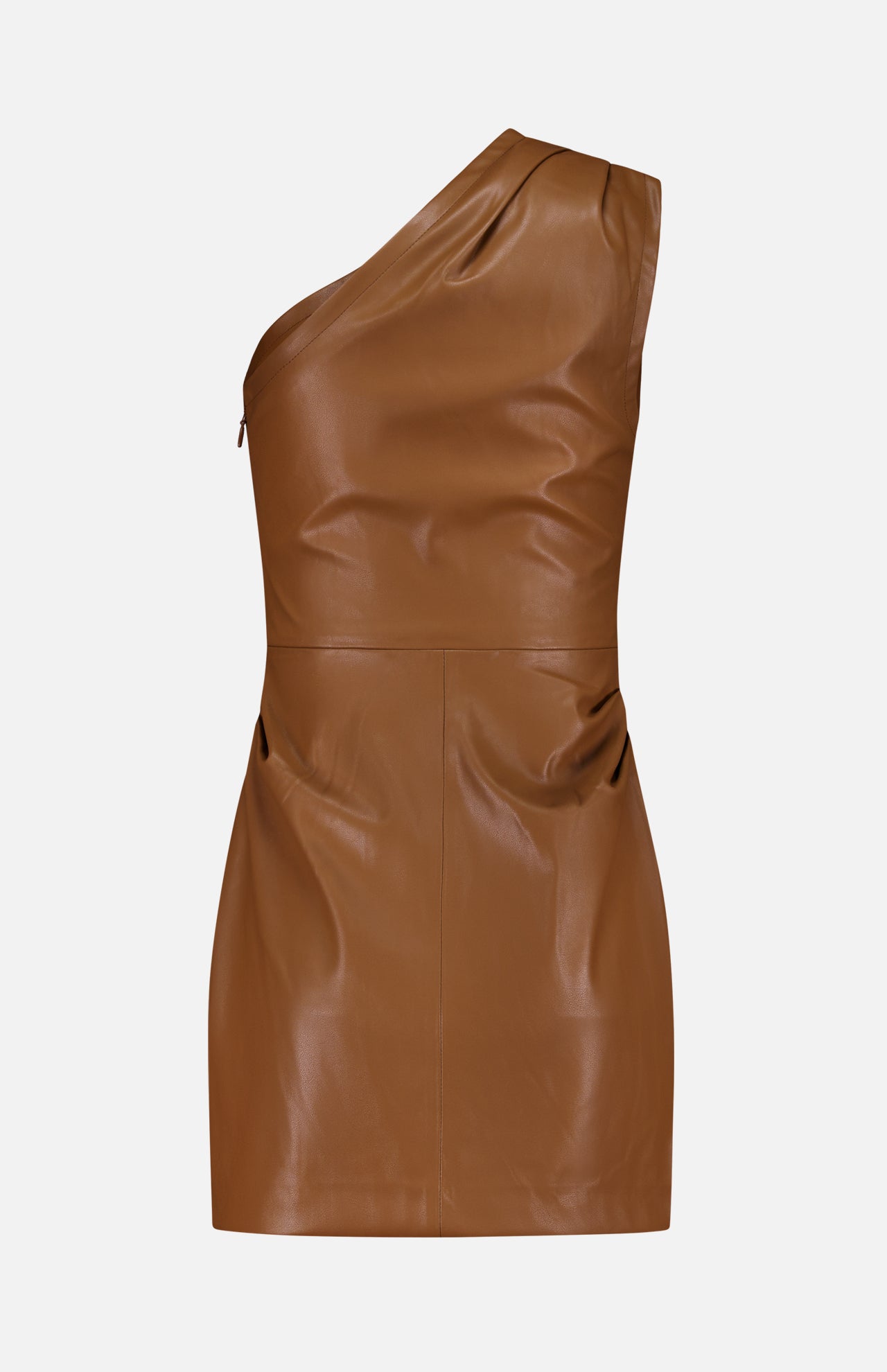 The Pelle Faux Leather Mini Dress by RONNY KOBO is a dark brown, one-shoulder mini dress crafted from glossy faux leather, featuring a fitted silhouette and side dart detailing.