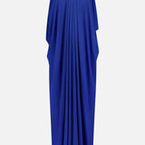 The Rhodes Draped Maxi Dress by RONNY KOBO is a cobalt blue, sleeveless maxi dress with a jewelry-inspired neckline and flowing, draped fabric, shown against a plain white background.