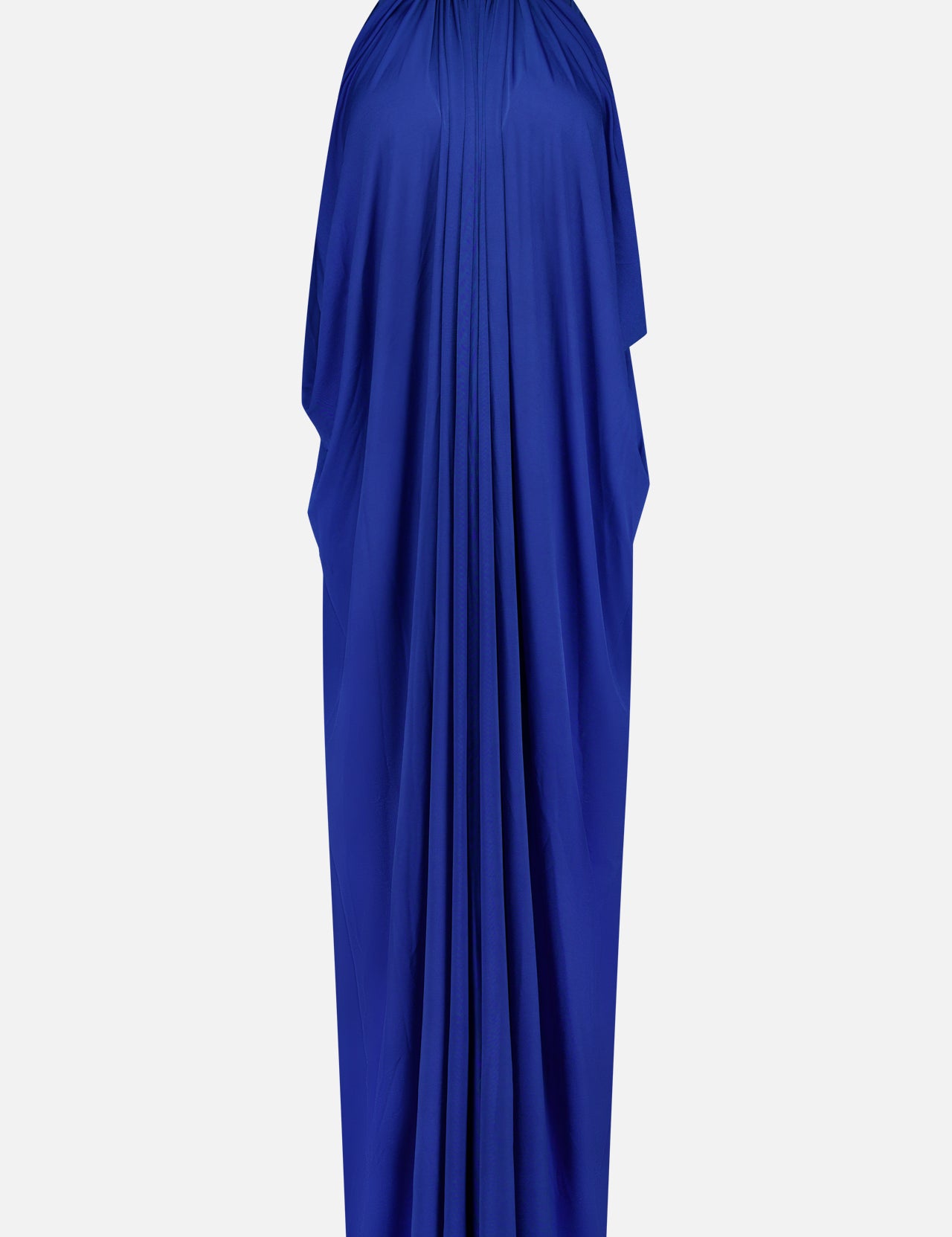 The Rhodes Draped Maxi Dress by RONNY KOBO is a cobalt blue, sleeveless maxi dress with a jewelry-inspired neckline and flowing, draped fabric, shown against a plain white background.
