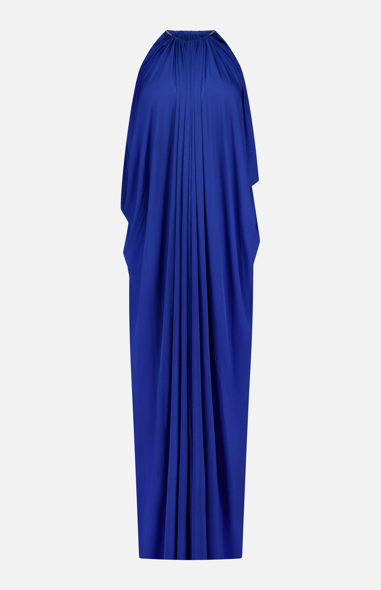 The Rhodes Draped Maxi Dress by RONNY KOBO is a cobalt blue, sleeveless maxi dress with a jewelry-inspired neckline and flowing, draped fabric, shown against a plain white background.