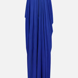 The Rhodes Draped Maxi Dress by RONNY KOBO is a floor-length, sleeveless royal blue dress with a jewelry-inspired neckline, gathered fabric, and cape-like draped shoulders, displayed on a plain white background.