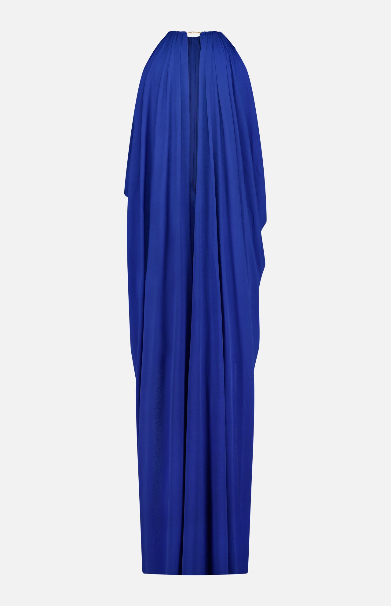 The Rhodes Draped Maxi Dress by RONNY KOBO is a floor-length, sleeveless royal blue dress with a jewelry-inspired neckline, gathered fabric, and cape-like draped shoulders, displayed on a plain white background.