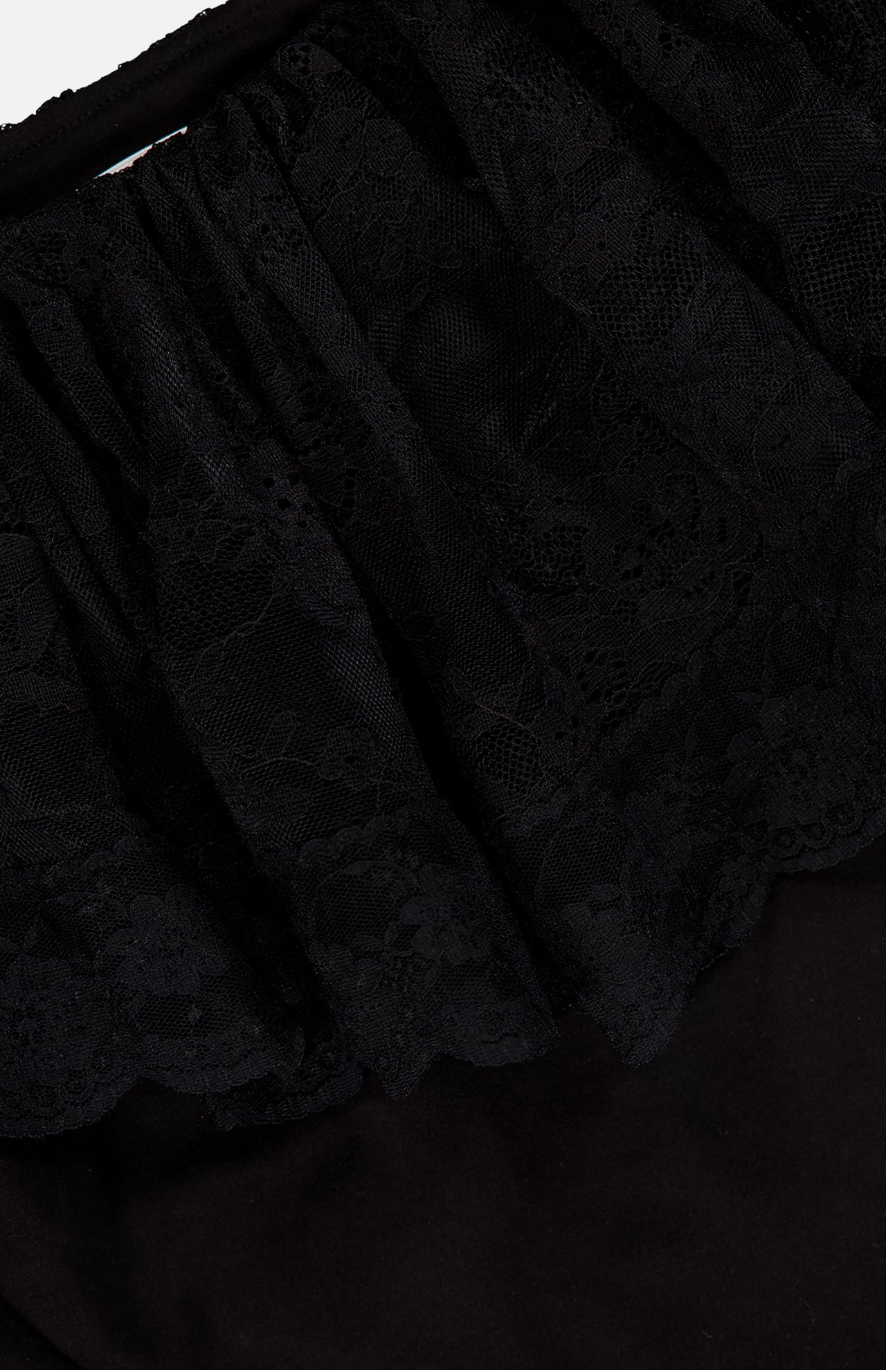 Close-up of the Rosette Lace Detail Bodysuit by RONNY KOBO, featuring sheer black floral lace and gathered top—ideal for a chic going-out look.