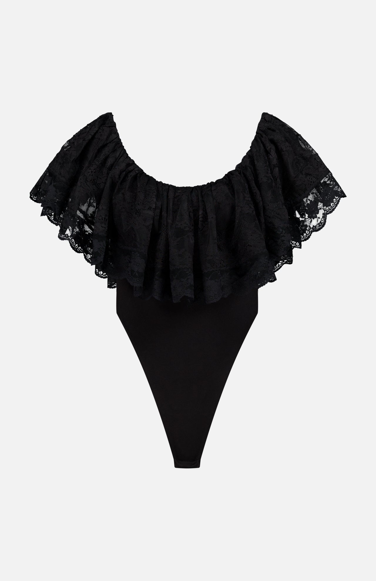 The RONNY KOBO Rosette Lace Detail Bodysuit is a black off-the-shoulder piece with wide, layered lace trim and a fitted bottom—perfect as a going-out top, shown against a plain white background.