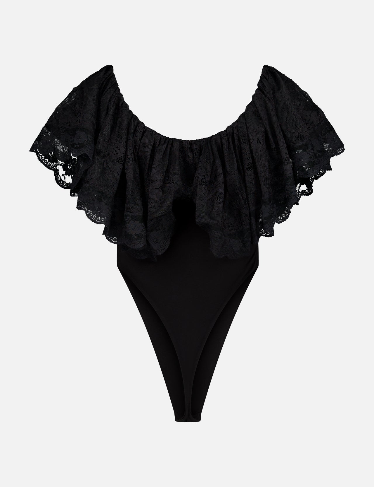 The Rosette Lace Detail Bodysuit by RONNY KOBO is a black off-the-shoulder top with delicate lace in a wide, ruffled neckline overlay. This fitted, high-cut going-out piece stands out on a plain white background.