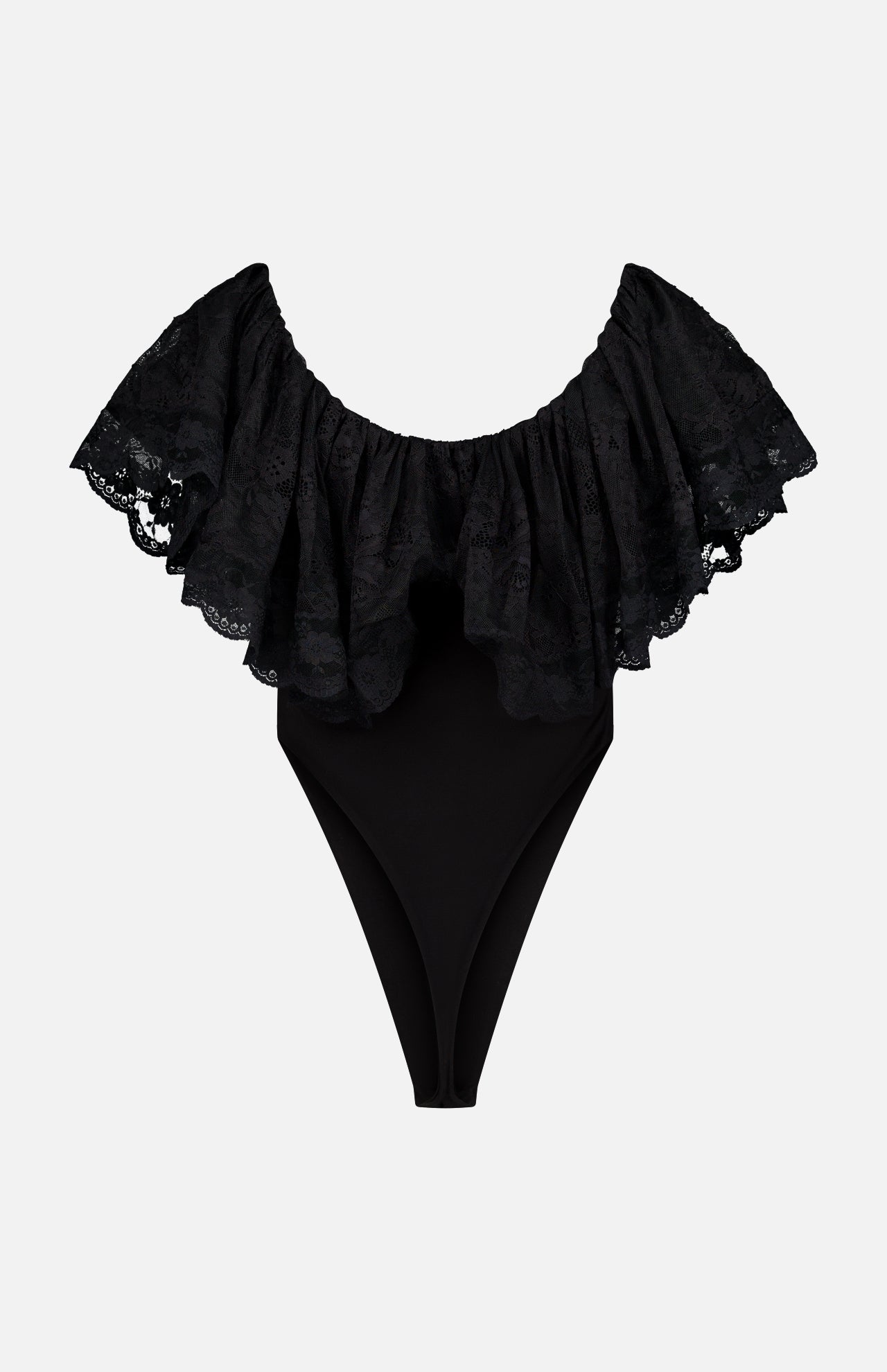 The Rosette Lace Detail Bodysuit by RONNY KOBO is a black off-the-shoulder top with delicate lace in a wide, ruffled neckline overlay. This fitted, high-cut going-out piece stands out on a plain white background.