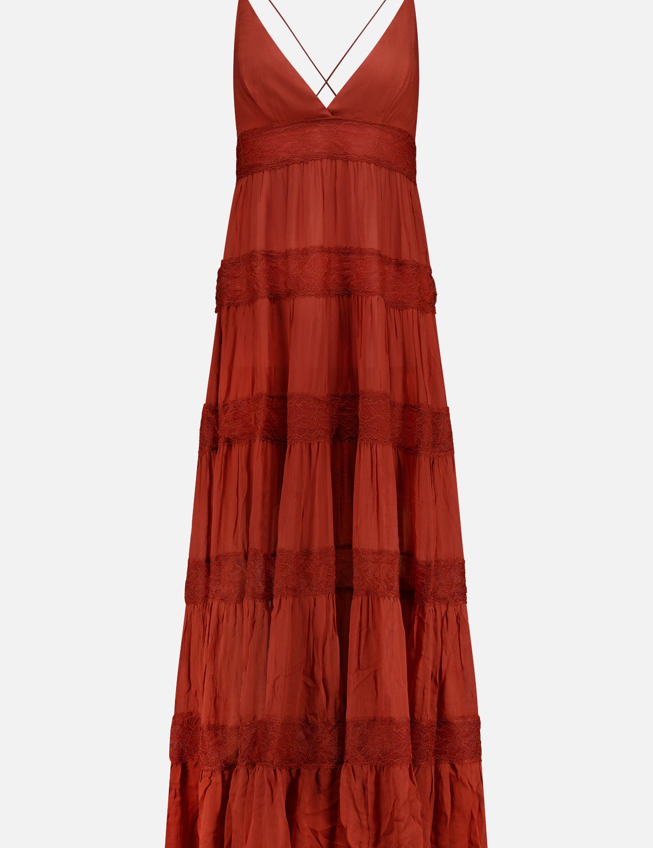 The Rune Lace Panel Maxi Dress by RONNY KOBO is a sleeveless rust maxi dress with a deep V-neck, spaghetti straps, tiered ruffled lace panels, and a flowy bohemian style, shown against a plain white background.