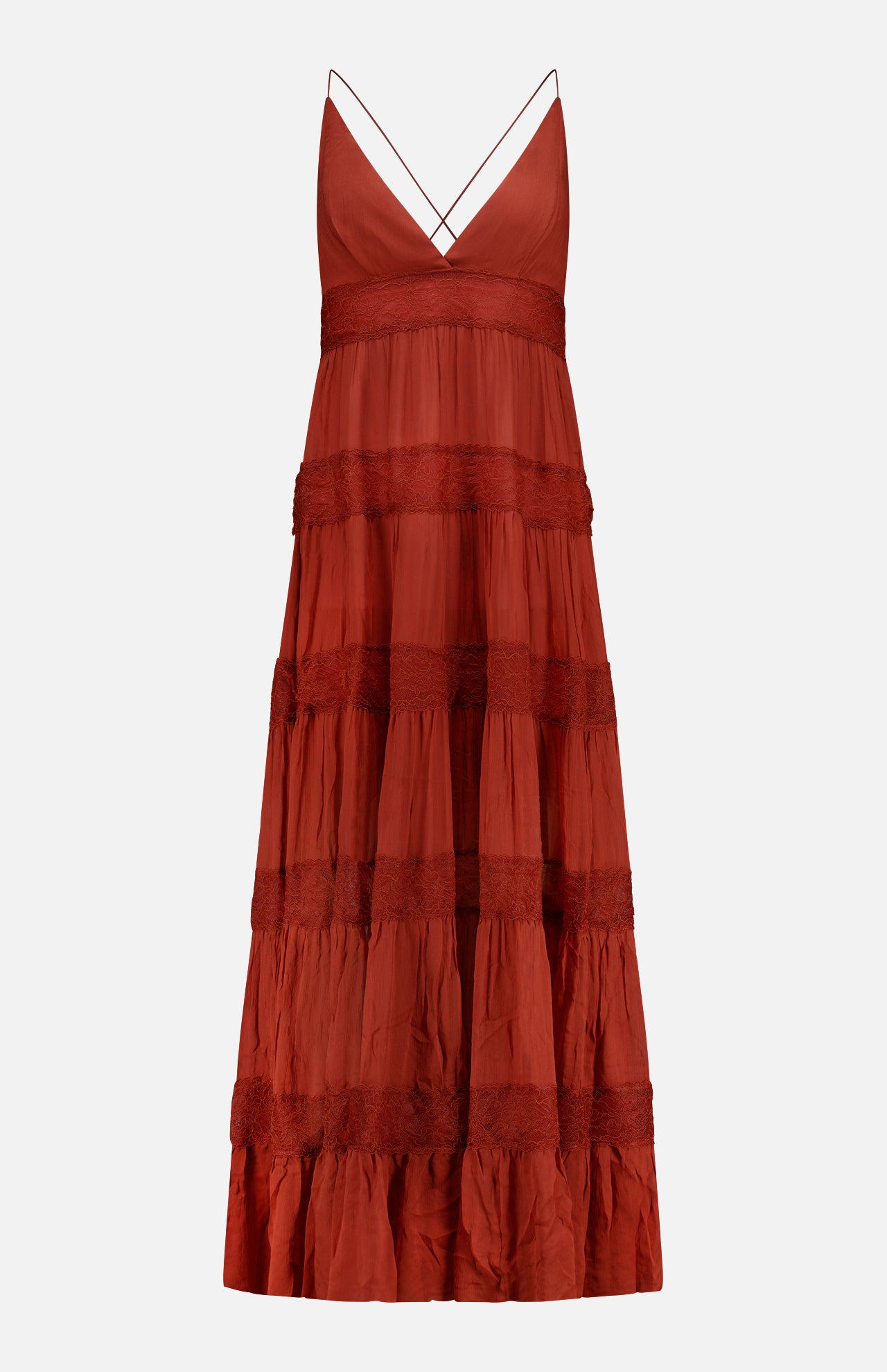 The Rune Lace Panel Maxi Dress by RONNY KOBO is a sleeveless rust maxi dress with a deep V-neck, spaghetti straps, tiered ruffled lace panels, and a flowy bohemian style, shown against a plain white background.